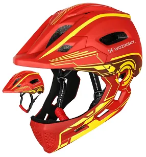 Kask rowerowy fullface dziecięcy Wozinsky z zdejmowaną szczęką i tylną lampką USB 52-56 cm - czerwono-żółty