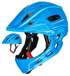 Kask rowerowy fullface dziecięcy Wozinsky z zdejmowaną szczęką i tylną lampką USB 52-56 cm - niebieski