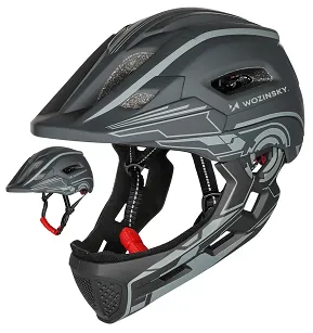 Kask rowerowy fullface dziecięcy Wozinsky z zdejmowaną szczęką i tylną lampką USB 52-56 cm - szary